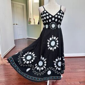 Magic 100% Cotton Black White Earthy Unique Pattern Embroidered Dress Large